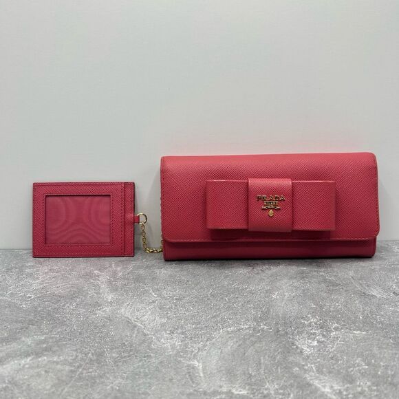 Prada Saffiano Leather Bow Continental Wallet Pink With ID Holder Bifold - Picture 2 of 16